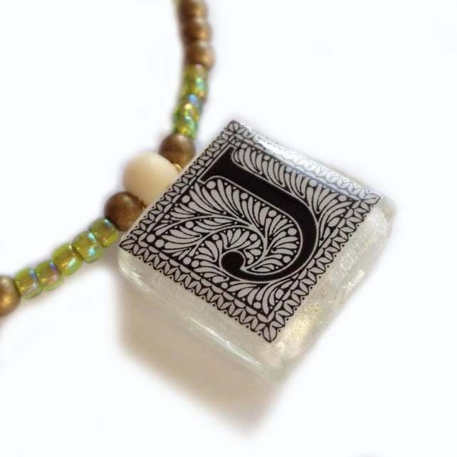Initial "J" Letter Monogram Glass Tile Pendant with Lime Green Glass and Brass Beads Necklace