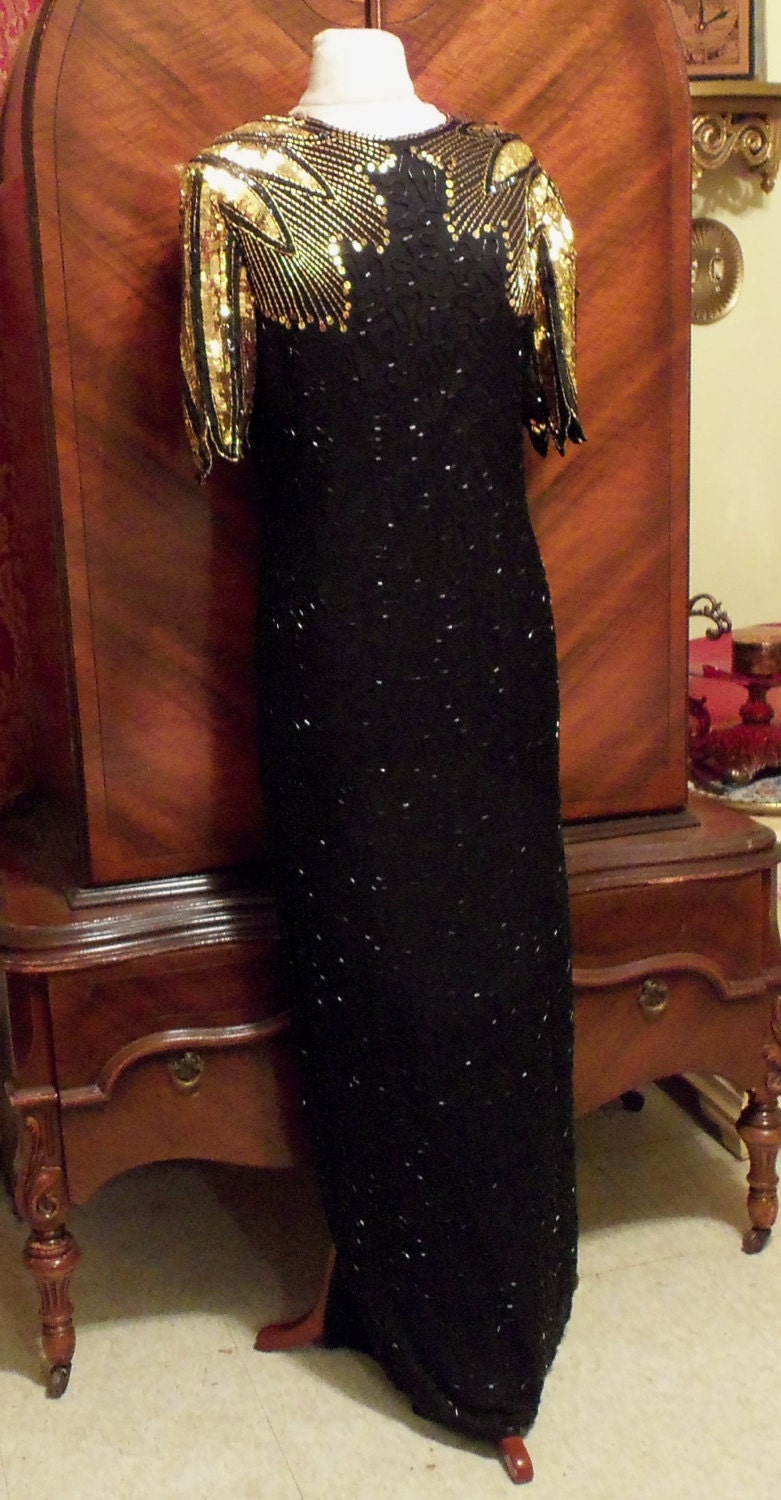 Black n Gold Gown, Beaded n Sequined Vintage Evening Gown, Formal Stunning Dress, Full Length Womans Dress