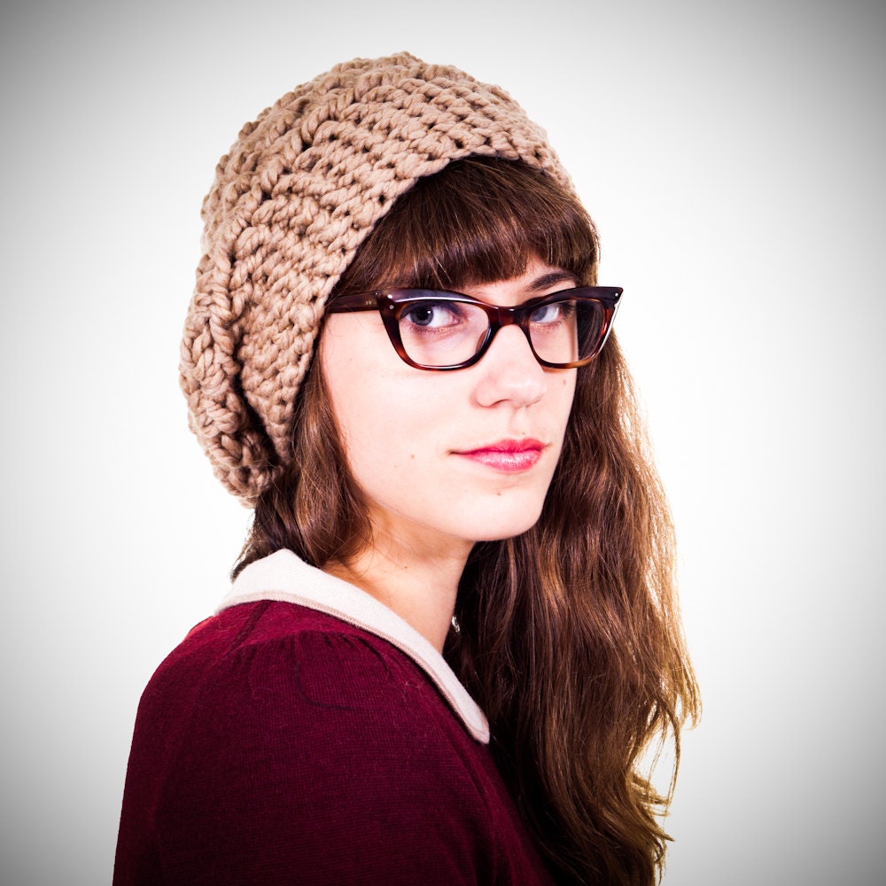 Hand Crocheted Beige Slouchy Hat