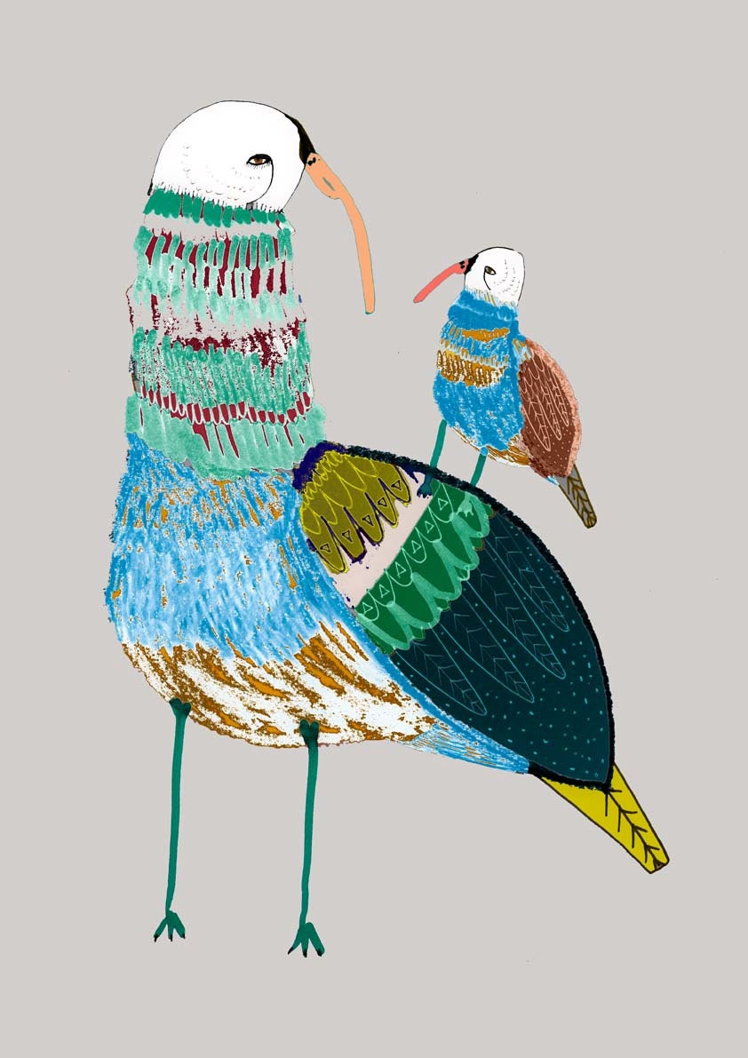 Mummy and Baby Bird. Limited edition art print by illustrator Ashley Percival. Art Print.