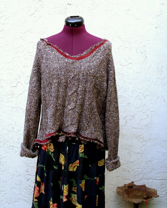 Rustic Funky Tattered Cropped Tweed Sweater Eco Friendly Bohemian Mori girls