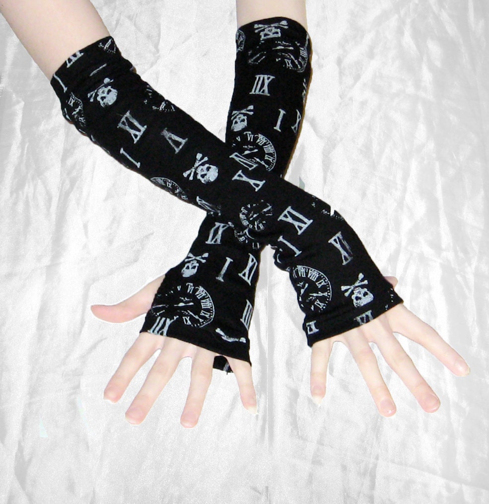 Tick-Tock Arm Warmers with skulls, clocks and roman numerals made of soft black cotton jersey knit fabric - Handmade