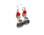 Jack O' Lantern Earrings - Pumpkin, Halloween Earrings - Orange, Green Crystal Rondelle Beads - Dangle Earrings