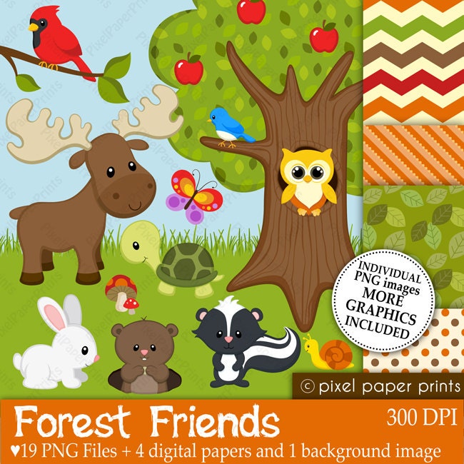 Forest Friends - Digital paper and clip art set