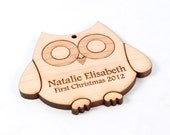 personalized owl ornament - custom wooden holiday gift, woodland animal for baby's first Christmas keepsake