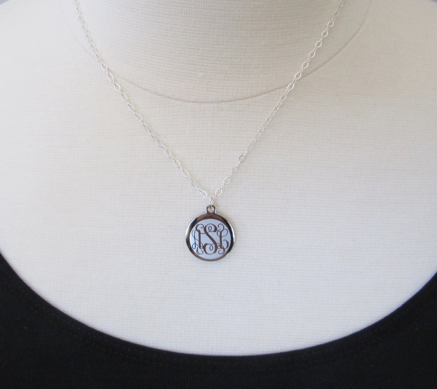 Monogram Necklace 17mm Round Rhodium Personalized Jewelry, Engraved, Initial Jewelry, Mother's Necklace, Gift, Bridesmaid, Keepsake
