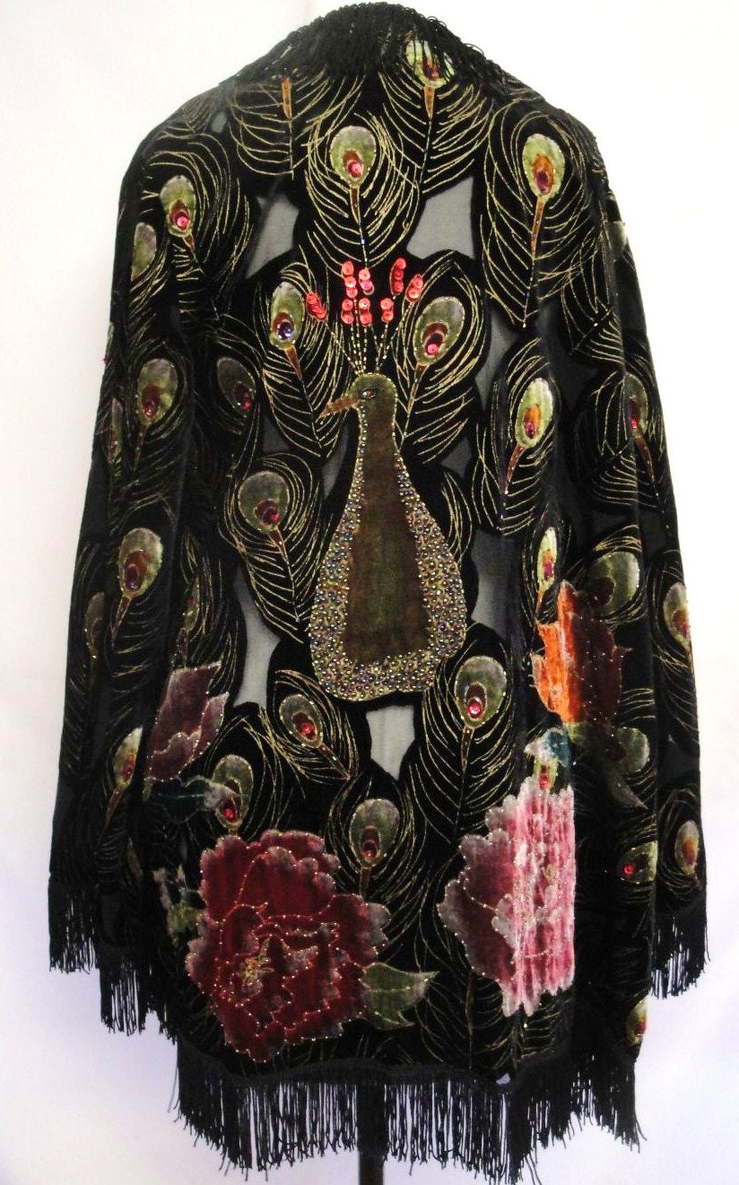 Vintage Black and multi color Beaded burnout velvet fringed boho kimono coat