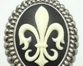Fleur de Lis Necklace with Swarovski Crystals, Paris and Black Ball Charms - On A Triple Strand White Organza Ribbon