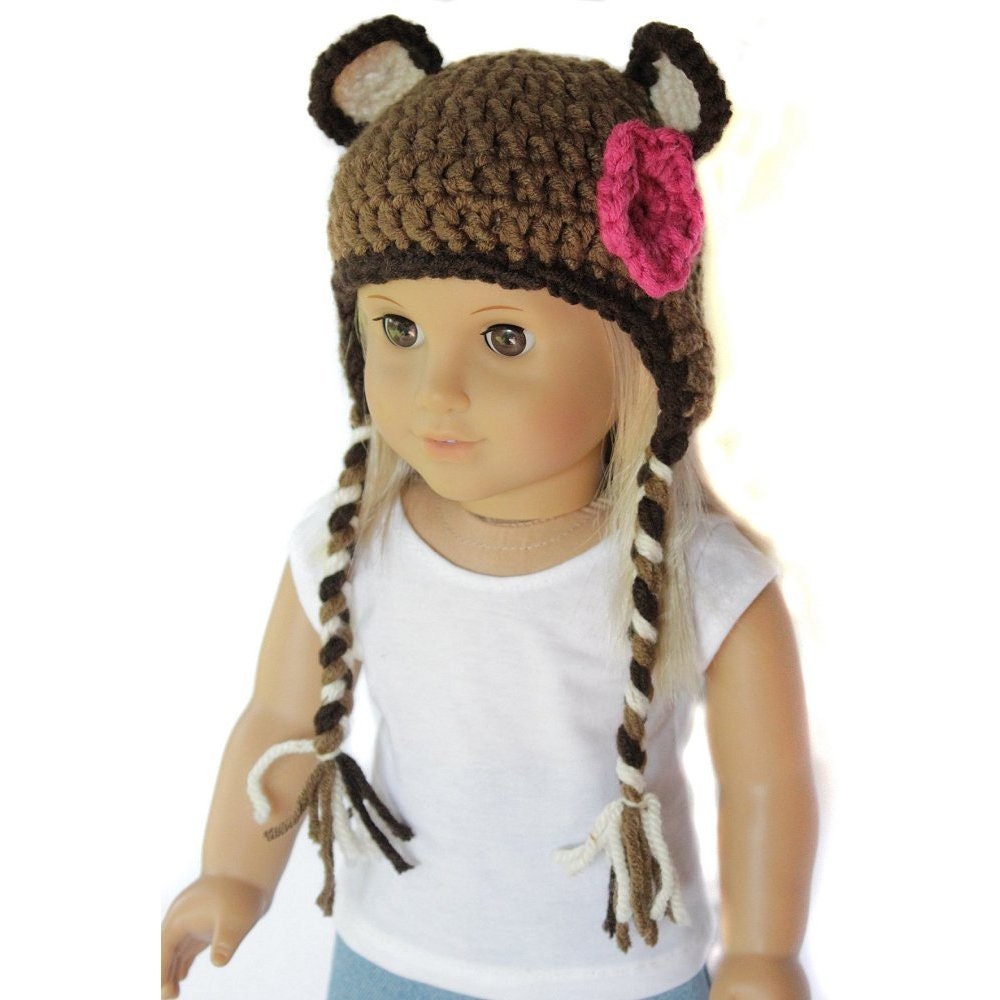 18" Doll Clothes - Animal Earflap Beanie - Brown Bear with Pink Flower