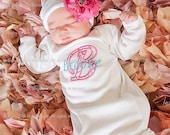 Baby Girl Gown or Onesie with Rhinestone Flower Beanie Hat - Hot Pink Damask Initial Applique - Newborn thru 12 months