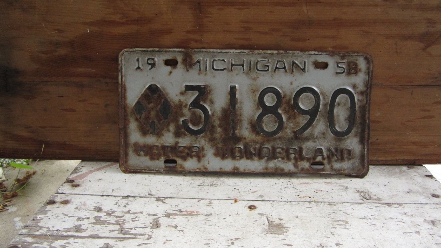 Vintage License Plate Michigan 1958 Black Gray Rusty Rusted Rust Old Distressed Salvaged Metal Antique License Plate