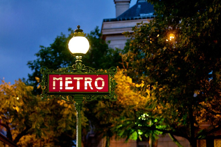 Paris Photo - Le Metro at Night, Lamp Post, Red, French Home Decor, Wall Art