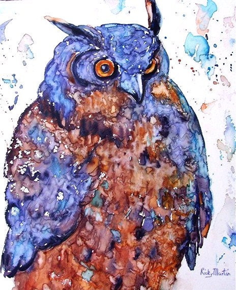 Great Horned Owl, Bird of Prey, Animal, Wild Life -  FREE SHIPPING - Original Watercolor Painting  by ebsq Artist Ricky Martin