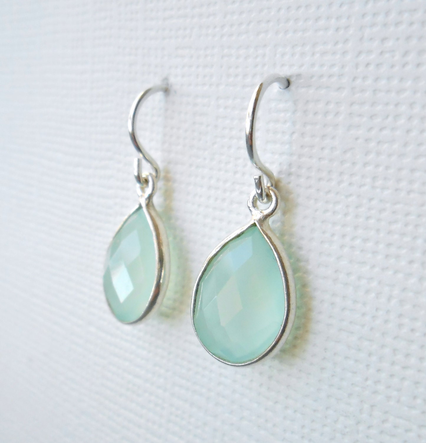 Aqua Chalcedony Earrings, Gemstones Bezel Set in Sterling Silver - Classic Delicate Jewelry, Blue, Sea Green, Teardrop