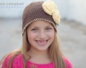Girls Crochet Cloche Beanie - Warm Brown and Soft Yellow Hat