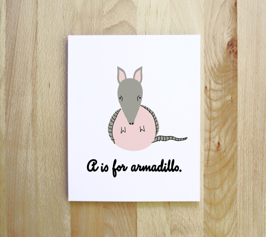 A is for Armadillo woodland animal portrait nursery illustration print 8" x 10"