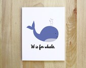 W is for Whale woodland nautical animal cameo illustration 8x10