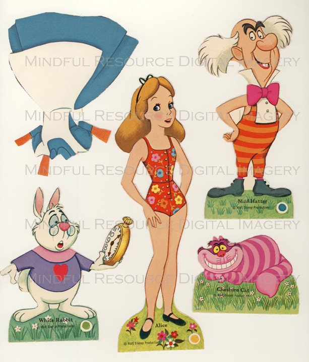 Vintage Disney Alice in Wonderland Printable Paperdolls Alice Mad Hatter Cheshire Cat White Rabbit w/30 Dress Ensembles Digital Sheets