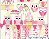 Owl Birthday Clip Art for Digital Scrapbooking, Card Making, Party Decor, Crafts  in Pink and Yellow, Instant Download