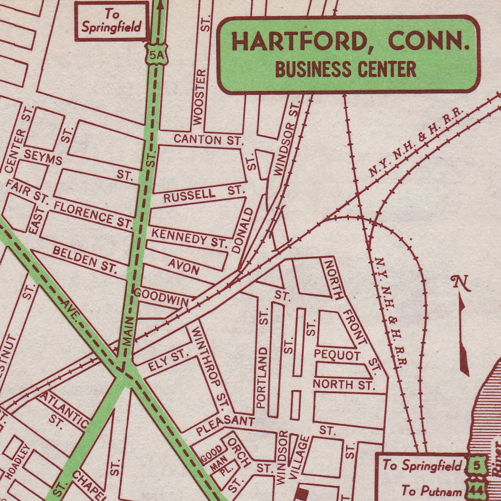 Vintage City Street Map, Wall Art Print Series, Hartford, CT