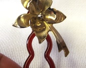 Vintage Hair Pick, Hair Pin, Recycled Vintage Brooch, Celluloid Hair Pick, Gold Tone Flower