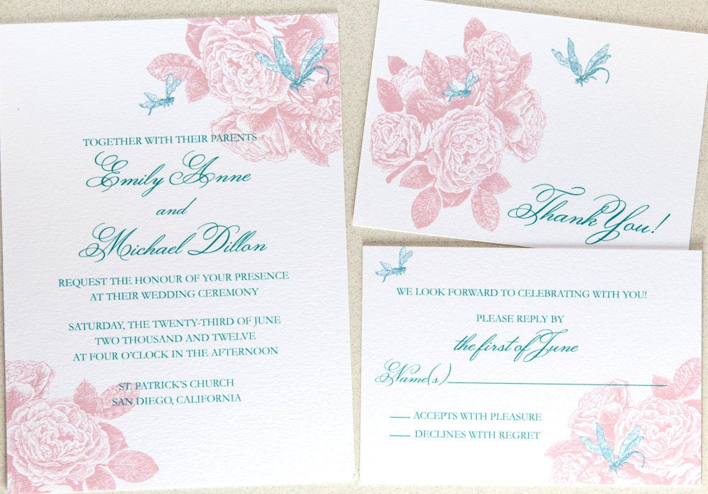 Roses and Dragonflies Wedding Invitation Suite