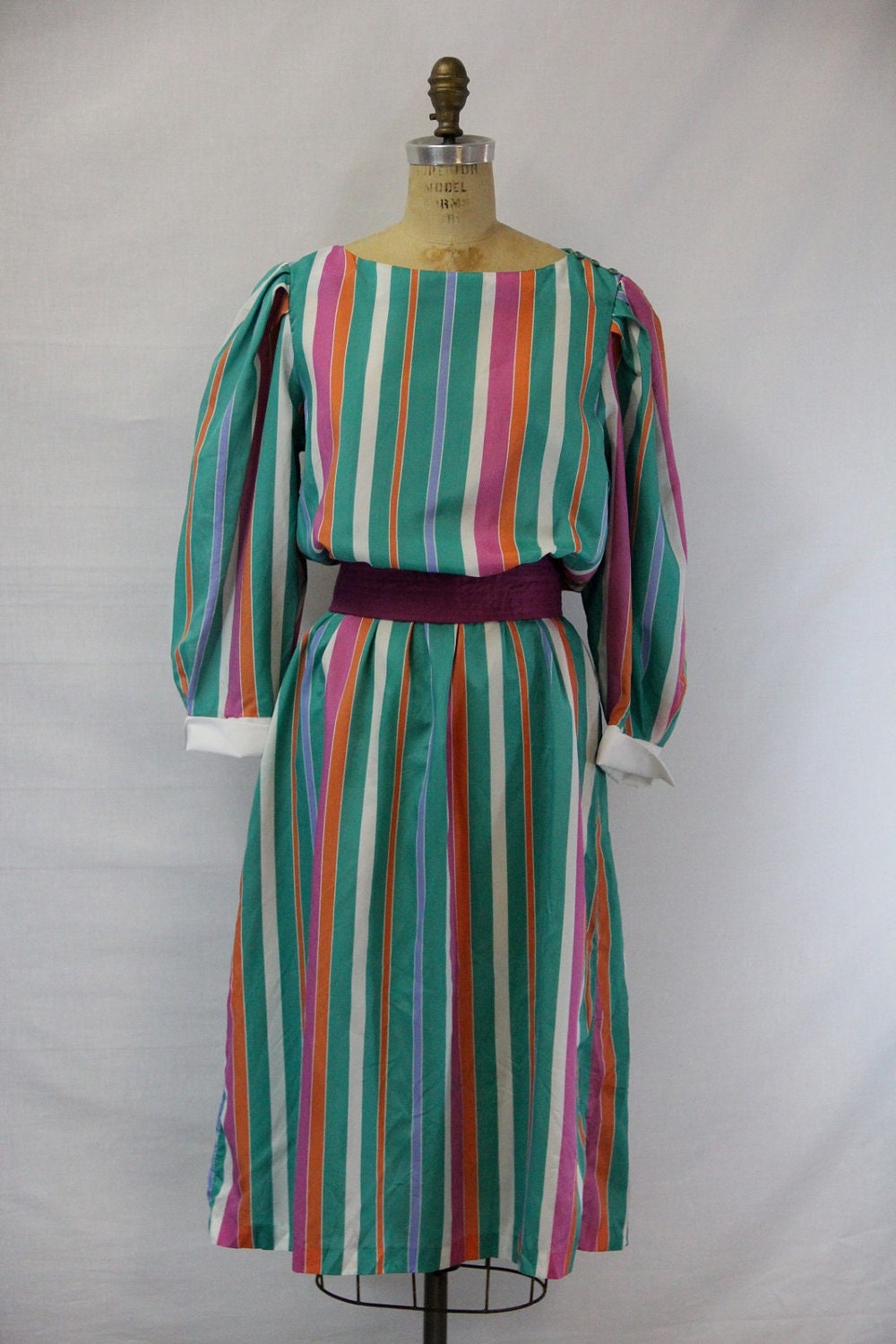 XL Vintage Dress - Vertical Striped Green Purple Pink Orange