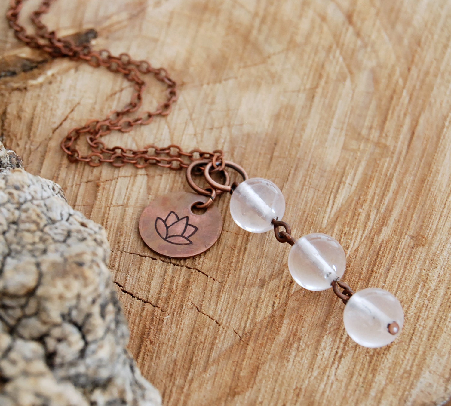 love and compassion - heart chakra necklace - yoga jewelry - rose quartz gemstone pendant with lotus charm - yoga necklace