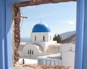 Santorini, Greece. Square Photograph. Blue Roof Tops. White Washed Buildings. Island. Travel Photography. Various Sizes Available.