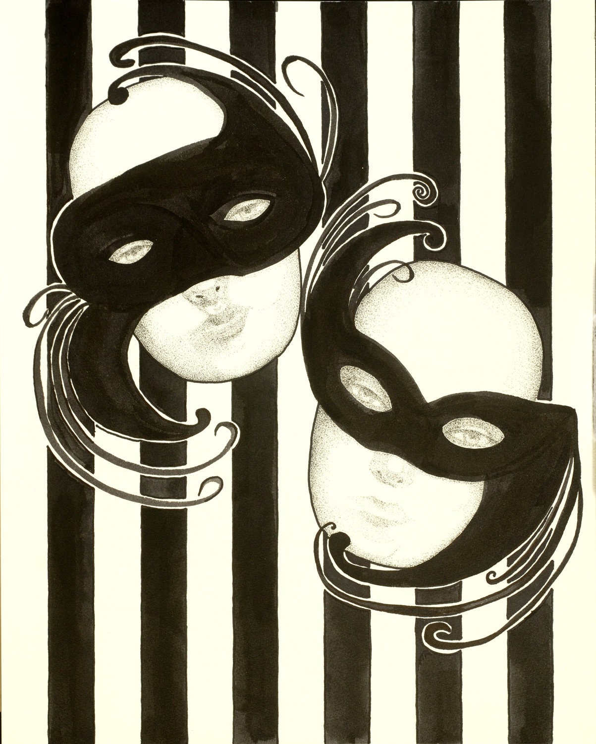 Fine Art Print, Giclee, Black Ink, Black and White Ball, Masks, Masquerade, Black Ink Painting, Masked faces