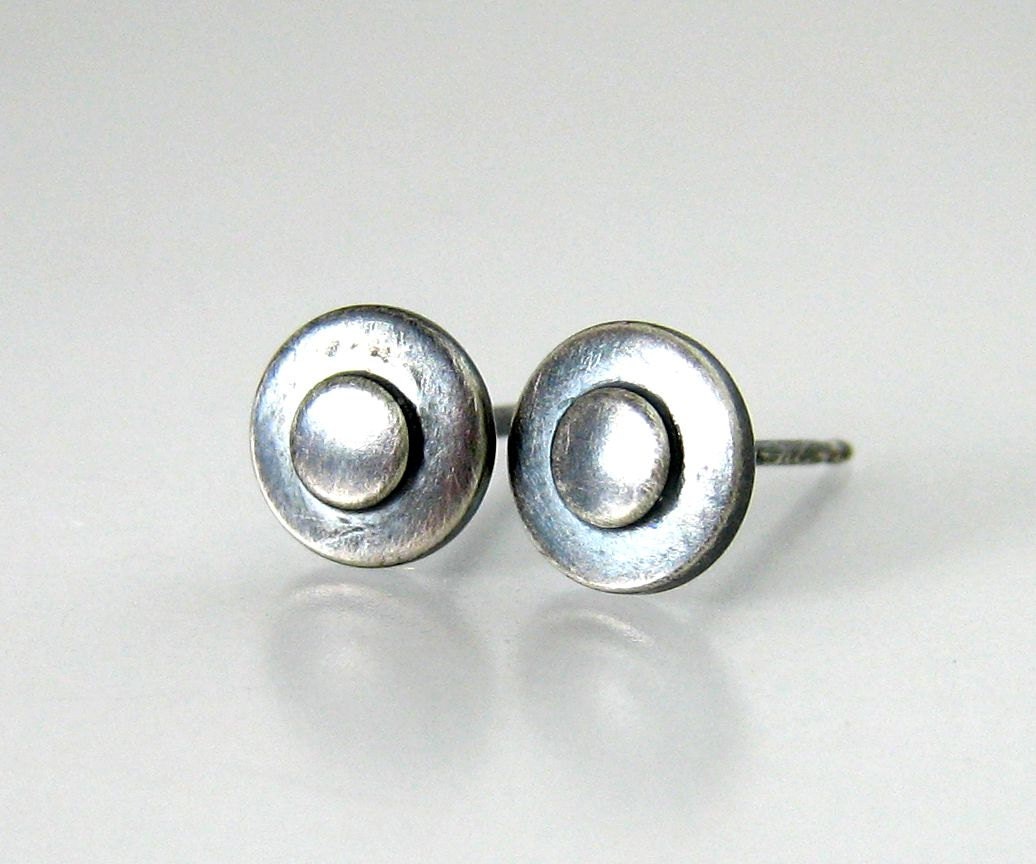 Silver circle stud earrings, Unique handmade silver jewelry, Silver post earrings, Art silver jewelry