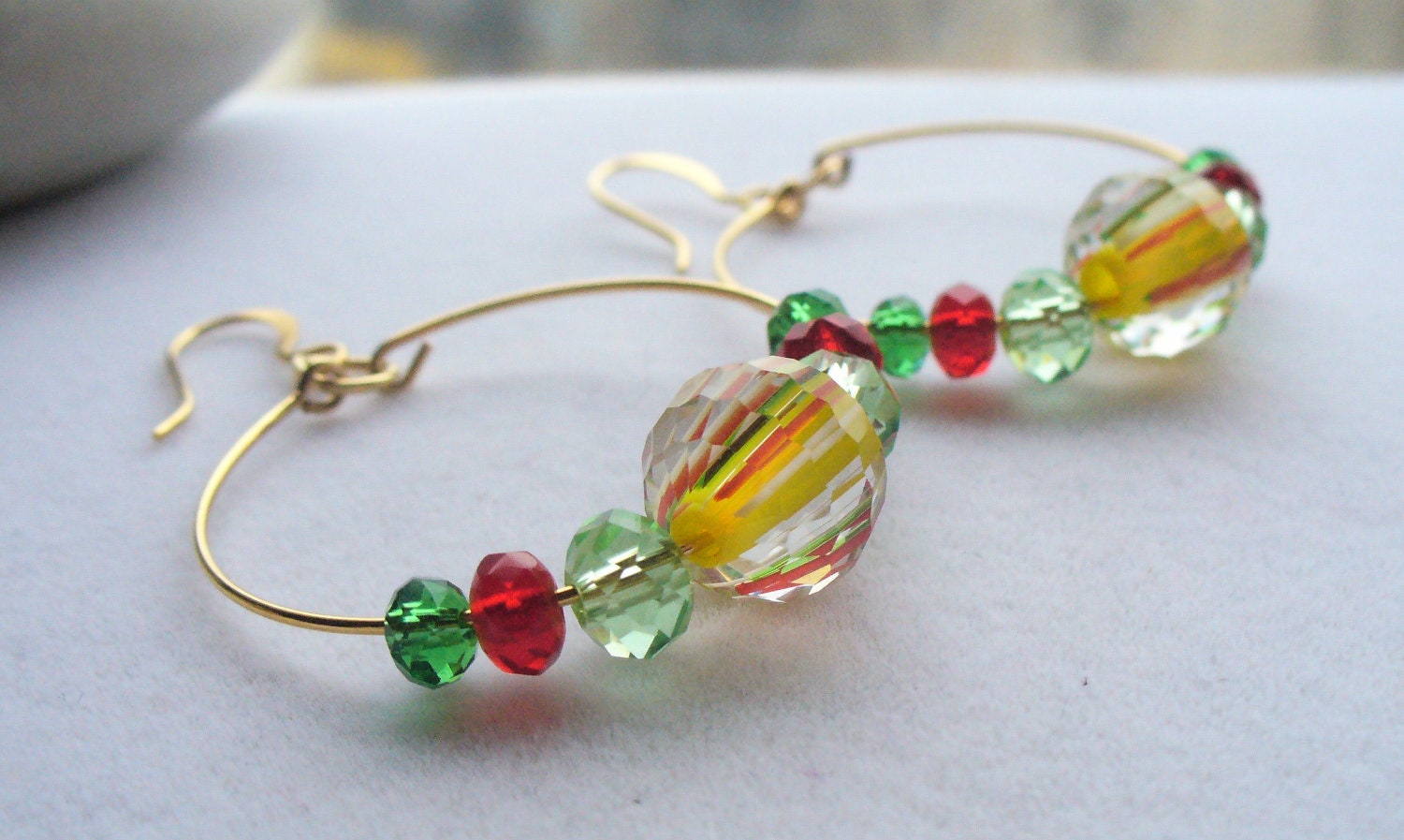 Festive Gold Hoop Earrings with Yellow, Red, and Green Glass Beads