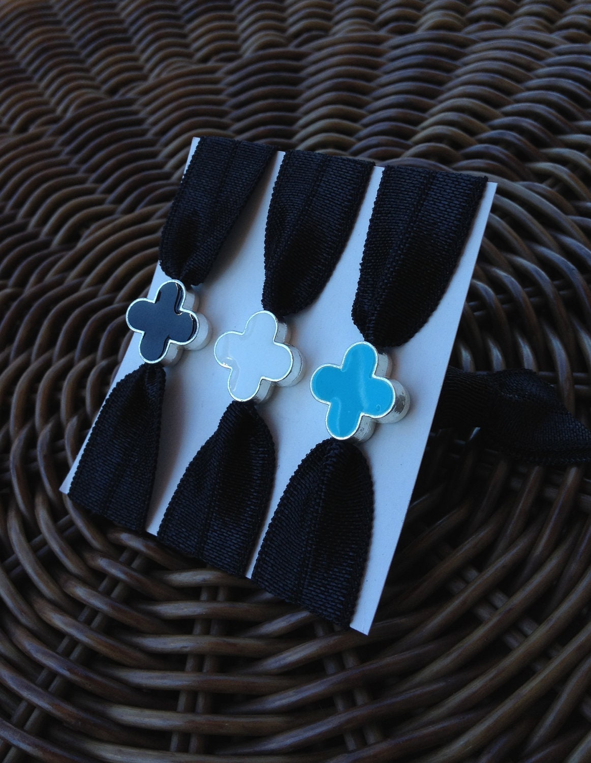 Set of 3 Double-Face Silver Rimmed Flower Elastic Hair Ties (and Bracelets)