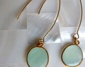 Aqua Mint Seafoam Green 18K Gold Vermeil Bezel Round Chalcedony Long Dangle Earrings.  Holiday Modern Classic Party Earrings For Her