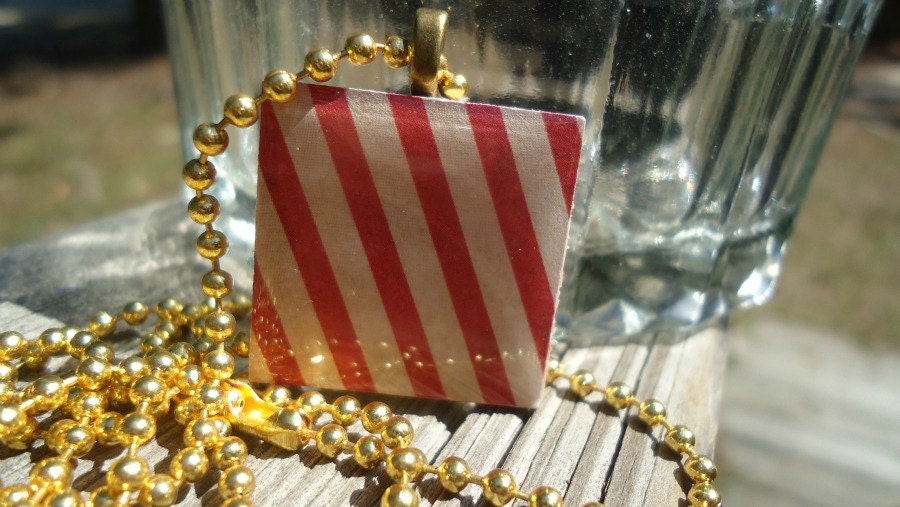 Wood Tile Necklace, Red and Tan Stripes
