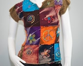 Size S Unique Patchwork Batik Color Dye Cotton Women's T-Shirt Gypsy Hippie Boho Peace & Love (DYE-02)