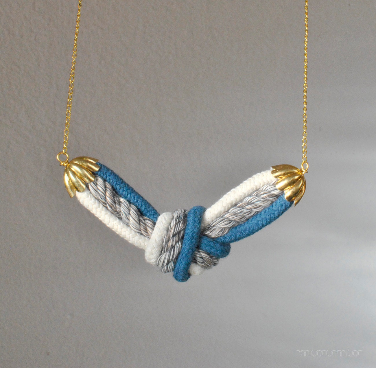 Eco - friendly fashion urban necklace. Natural colored,blue and gray cotton rope, big knot and gold colored nickel free chain. Ready to ship