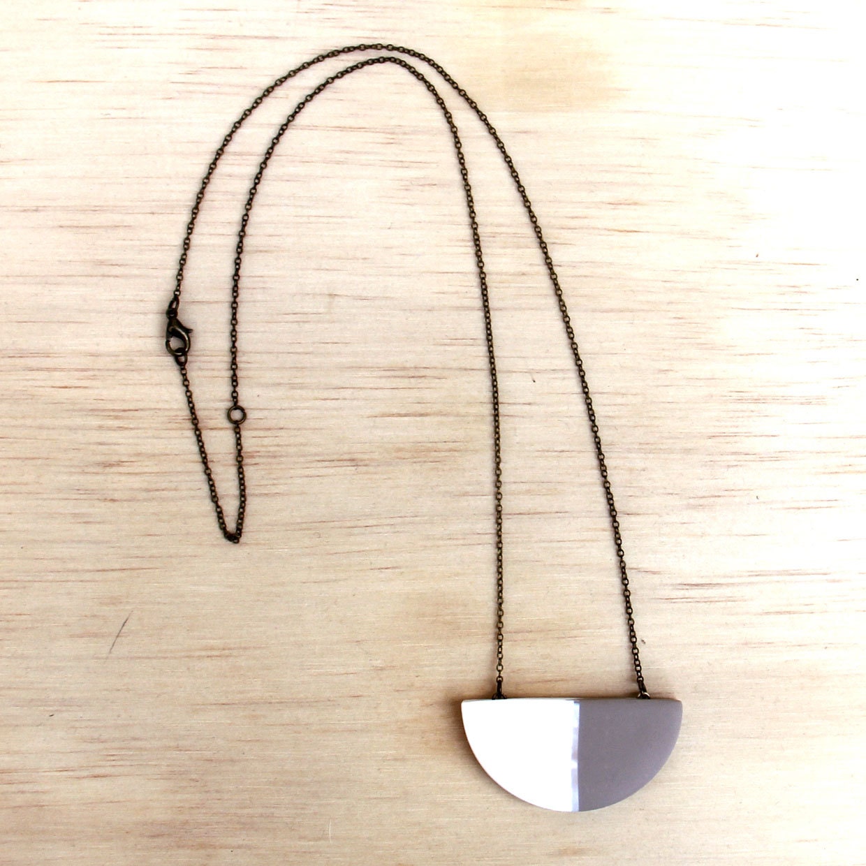 half circle necklace / tan and white geometric pendant / modern minimal jewelry