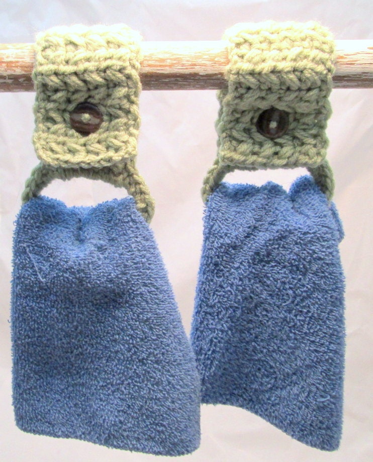 Two Handmade Sage Kitchen Bath Dish Towel Holders Crochet Set of 2