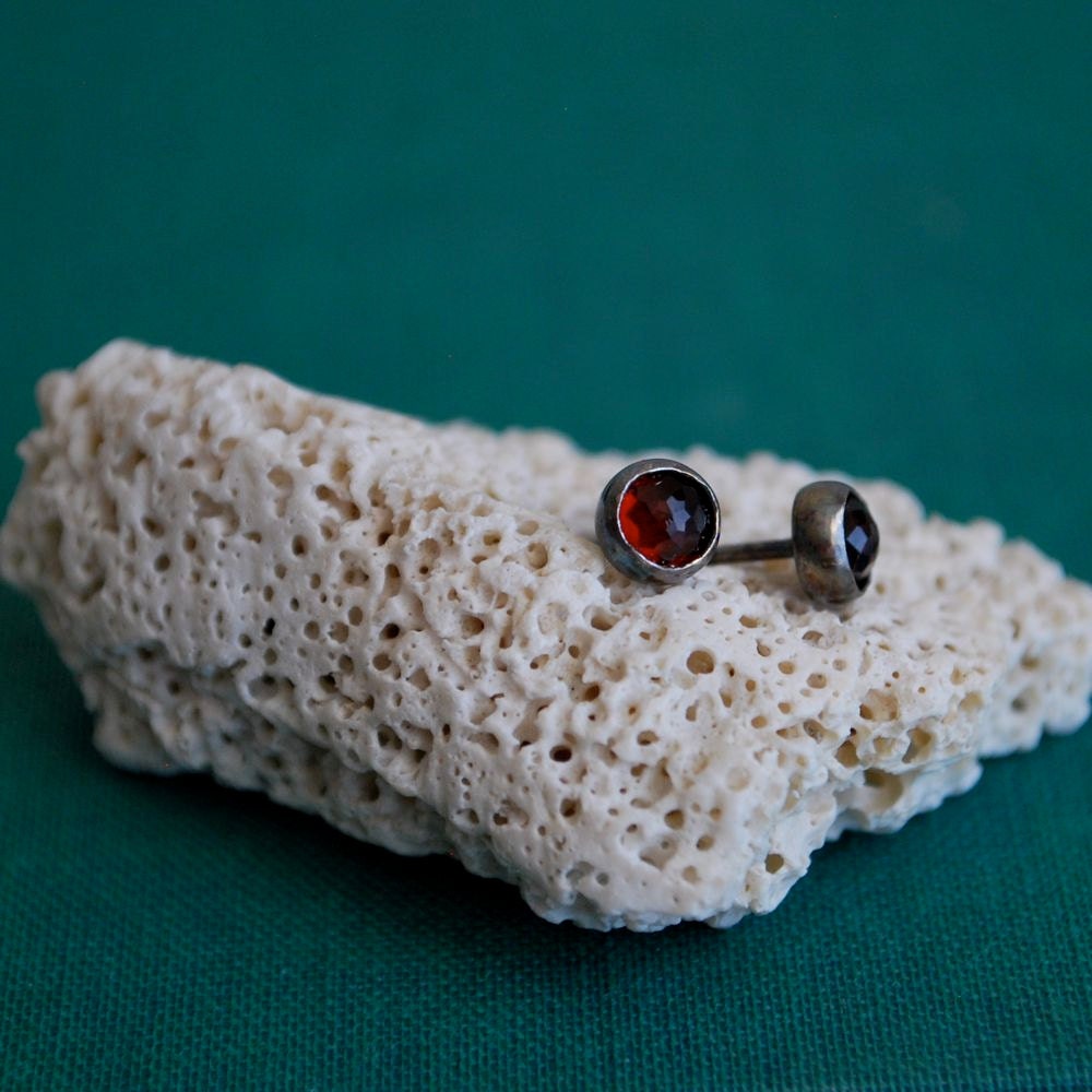 Pretty Garnet Earrings Bezel Set in Sterling Silver