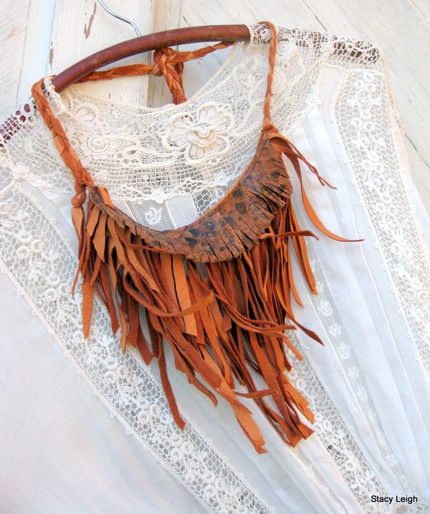 Native Leather Fringe Necklace in Butterscotch Brown with Python Snakeskin