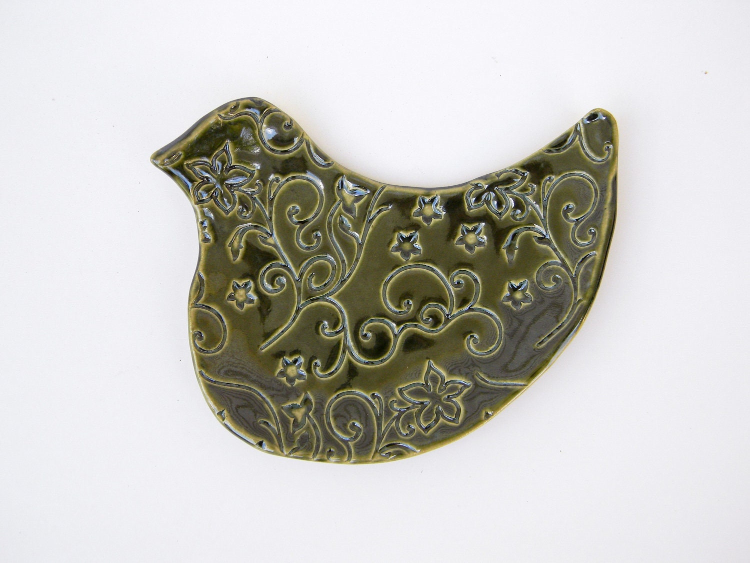 Green Bird Trinket Dish Ring Holder Floral Design Made to Order