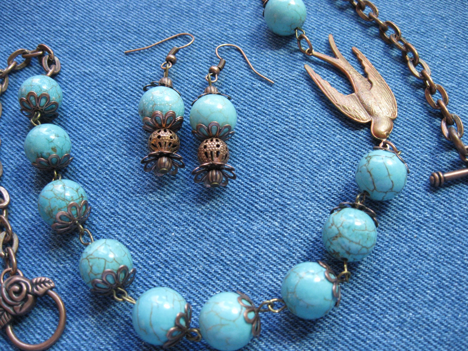 Handcrafted Turquoise and Copper Necklace and Earrings- Copper Bird