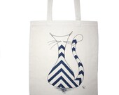 Hand Painted Tote Bag, Abstract Chevron Cat, Large Reuseable Bag, Cat Bag, Chevron Tote Bag