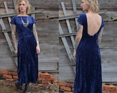 90s Crushed Velvet Open Back Full Length Dress