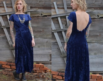 90s Crushed Velvet Open Back Full Length Dress
