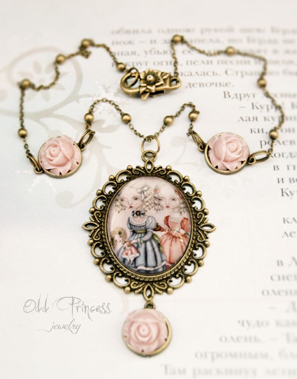 PLAYING DOLLS Wearable Art Antique Bronze Cameo Necklace By Odd Princess, Shabby chic, Gift for her