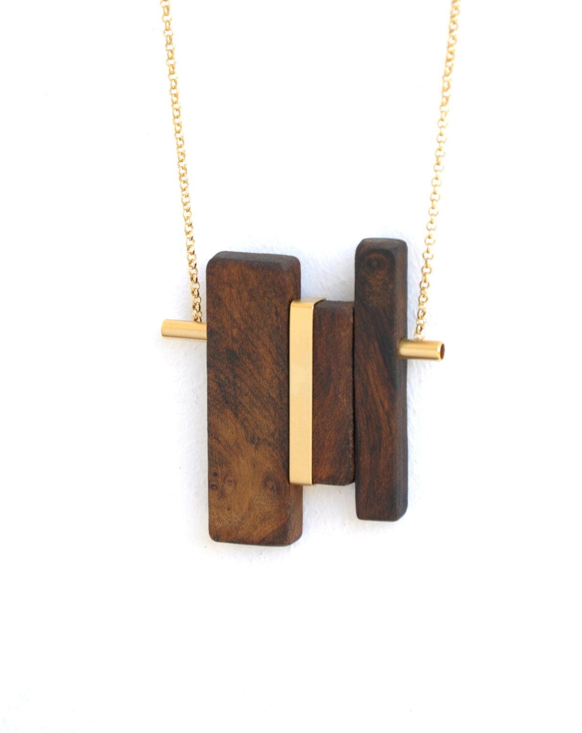 LINE 2 gold.  wood pendant necklace and gold-plated elements. free shipping.