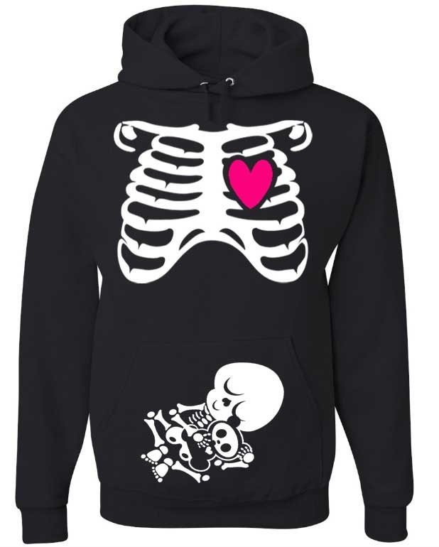 Halloween Costume Rib Cage & Baby Skeleton NON Maternity Pullover Hooded Sweatshirt (Classic Cut Hoodie) in Black / White / Hot Pink
