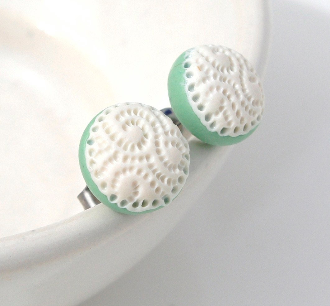 white lace - original Emsawhatsy mint green polymer clay studs - surgical steel posts